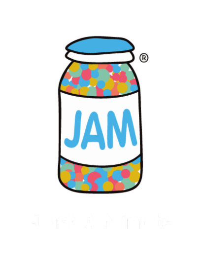 A colourful Jar with the word JAM in blue across it on a white label.