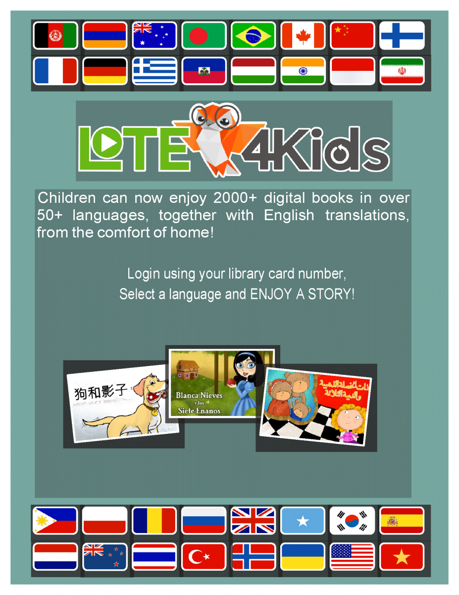 Login using your library card number, Select a language and Enjoy a story!