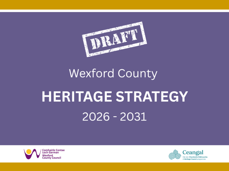 Title page for “Draft Wexford County Heritage Strategy 2026–2031,” white text on purple background with gold banner, including WCC Logo and Ceangal Logo