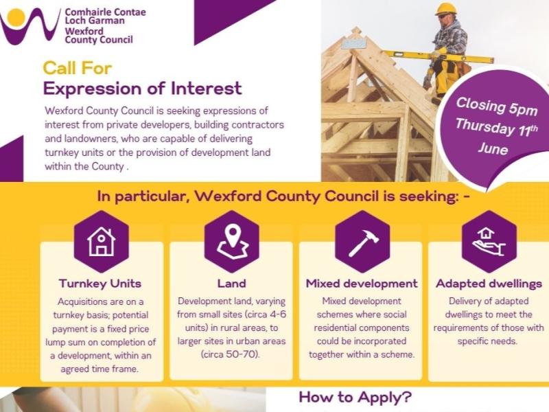 Yellow block of colour with 4 purple symbols of construction gear in them. The words expression of interest are located in the top left of the image words how to apply are at the bottom right