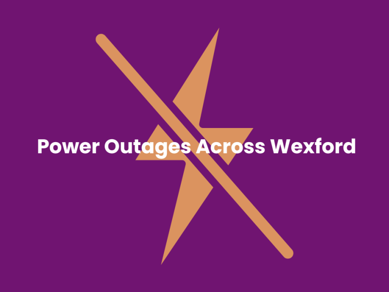 Purple square with a yellow lightening bolt icon in the centre with a line through it that reads Power Outages Across Wexford