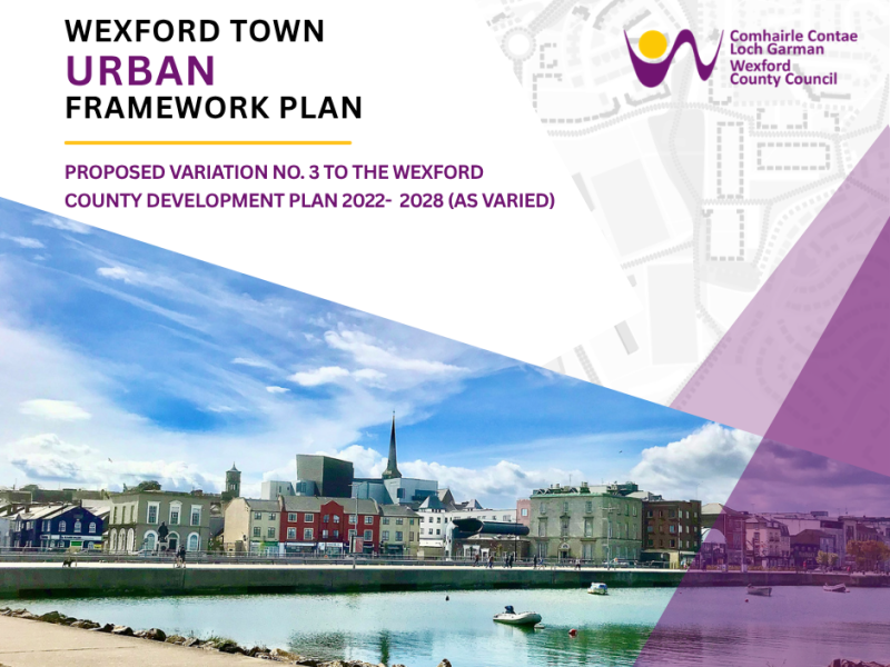 cover of Wexford Town Urban Framework Plan with a waterfront townscape and purple geometric overlays including Wexford Co Co Logo 