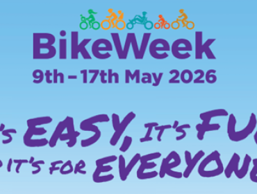 Bike Week in purple writing on a blue gradient background. 9th to 17th of May i