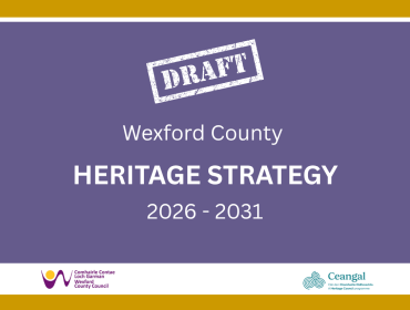 Title page for “Draft Wexford County Heritage Strategy 2026–2031,” white text on purple background with gold banner, including WCC Logo and Ceangal Logo