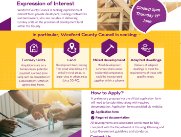 Yellow block of colour with 4 purple symbols of construction gear in them. The words expression of interest are located in the top left of the image words how to apply are at the bottom right