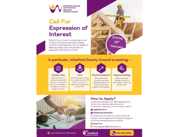 Ad showing a man working on a wooden building with 4 columns about turnkey units  