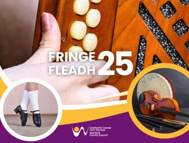 Text saying Fringe Fleadh 25 in from of a person playing the accordion 