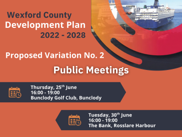 Graphic featuring the title "Wexford County Development Plan 2022–2028 Proposed Variation No. 2 with an image of a ferry boat at dock