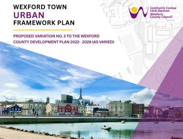 cover of Wexford Town Urban Framework Plan with a waterfront townscape and purple geometric overlays including Wexford Co Co Logo 