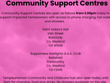 Community Support centres for Storm Chandra are open today in St Aidans Hall, Irish St. Bunclody & Rapparrees Starlights GAA Club, Bellefield Enniscorthy. 